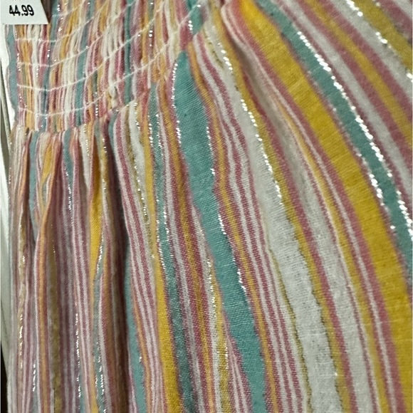 Metallic Sun Dress PINK Aqua Multicolored Tiered Lined Flowy Crepe Prairie Dress - Picture 11 of 14